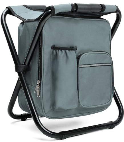 Outplea Silla Camping Portatil, Taburete de Pesca Mochila con Taburete Ligero, Mochila Taburete Caza con 15L Bolsa Integrada, Mochila Taburete Plegable para Picnic Viaje, Altura 40 cm, Gris