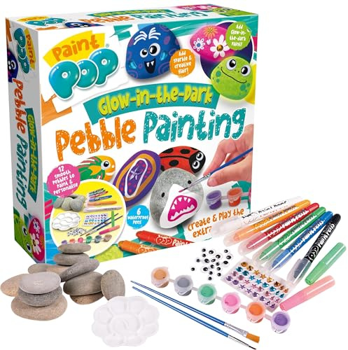 Paint Pop Kit de peinture de galets phosphorescents – Créez des chefs-d'œuvre lumineux pour enfants pour des heures de plaisir et de jeu – Comprend 12 pierres, 8 peintures, 2 pinceaux, autocollants