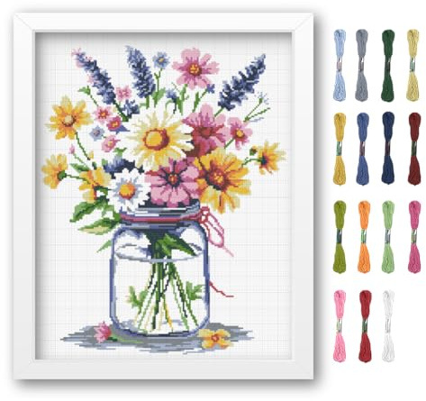 FREEBLOSS Juego de punto de cruz con diseño de flores para principiantes, kit de punto de cruz para colgar en la pared con instrucciones (idioma español no garantizado), juego de puntadas de aguja