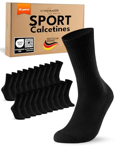 10 Paires Chaussettes de Sport Homme Femme Chaussettes de Tennis Respirantes et Renforcées Coton Crew Socks Noir 39-42