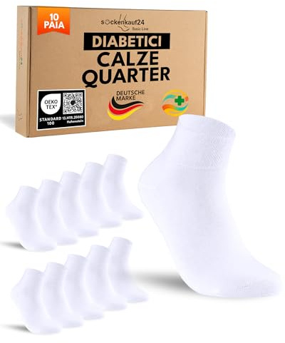 sockenkauf24 10 Paia Calze Diabetici Uomo Donna senza Elastico Calzini Corte Quarter Cotone senza Cucitura Bianco 39-42