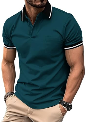 ZITY Polo Homme Manches Courtes Respirant T Shirt Eté Polo Golf Homme Respirant Tee Shirt Séchage Rapide Tshirt Tennis Bleu Canard XL