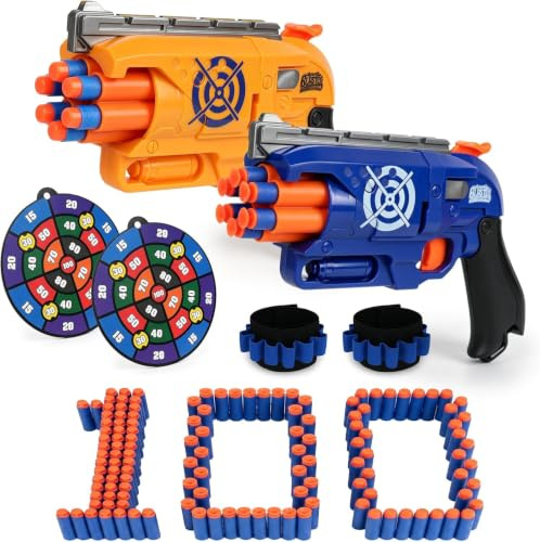 2 Pack Toy Guns for Boys & Girls, Foam Dart Blaster Guns with 100 Soft Foam Darts, 2 Targets & 2 Wrist Straps, Outdoor Shooting Game, Birthday for Kids Ages 3+
