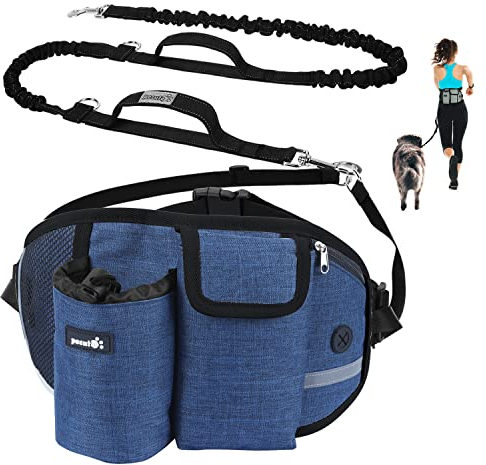 Pecute Hundeleine, freihändig, bis 110 kg, Stoßdämpfung, bequem, reflektierende Nähte, ideal zum Laufen, Joggen und Gehen (blau)