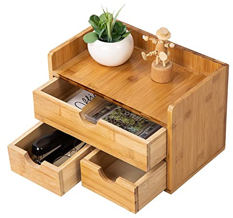 Rustic Distressed white 3-Tier Bamboo Desk Organizer with 3 Drawers Mini Storage Shelf For Desk, Toiletries Vanity Office Supplies (bamboo)