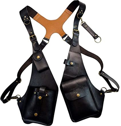 F Fityle Steampunk médiéval en Cuir épaule Harnais Sac Coque de téléphone Portefeuille Double Poche étui Pirate Costume Sac à Main Hommes, Noir