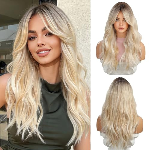 OUFEI Perruques blondes pour femmes Perruque longue bouclée avec franges Perruque ondulée avec racines foncées Cheveux synthétiques naturels pour la fête quotidienne Cosplay Wear