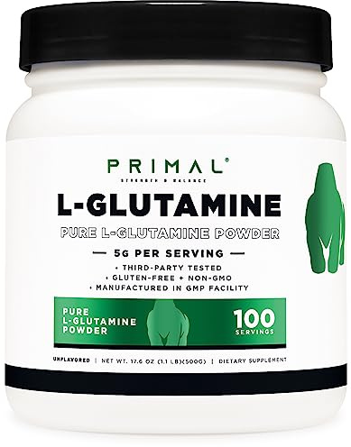 Primal L-Glutamine Powder (500 Grams, 100 Servings) | Pure Unflavored Glutamine Amino Acid for Sport & Workout Support and Performance - Gluten Free, Non-GMO Nutritional Supplement