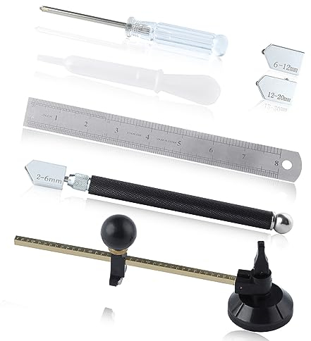 GOLD DEER Juego de herramientas de corte de vidrio de 7 piezas, incluye cortador de vidrio circular ajustable y herramienta de corte de vidrio estilo lápiz con 3 cuchillas adicionales, destornillador