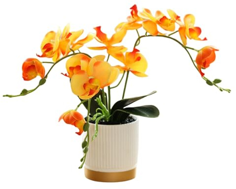 Generisch Künstliche Orangefarbene Dreizackige Orchideenblume im Topf Goldener Boden Phalaenopsis Dekorationsblume mit Blumentopf Eingetopfte Weiße Schmetterlings Simulationsblume (Orange)