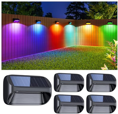 BUCASA Solar Fence Lights, 4 Pack Solar Lights Outdoor Garden Fence with White Light and Multi-Color Light, 8 Modes Outdoor Light Waterproof for Garden Ornaments Outdoor, Step, Fence, Yard