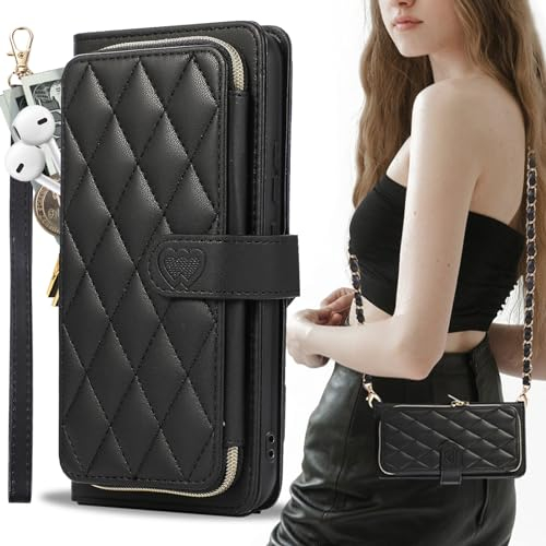 GUVAGI Handyhülle für iPhone 13 Pro Max Handy Hülle mit Band Case Klappbar Handykette, Leder Klapphülle Flip 9-Karten Schutzhülle Magnet Aesthetic Cover mit Kette Umhängen (Schwarz)