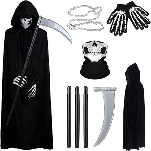 Ligtmor Halloween Kostüm Herren, Sensenmann Kostüm Herren, Bestehend aus Sensenmann Umhang, Halloween Sense und Handschuhen, Ketten und Halloween Maske für Halloween Party Cosplay