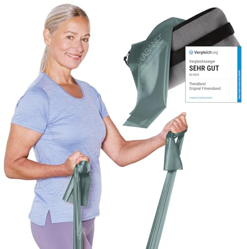 TheraBand 2,50m inkl. Türanker + Tasche grün | Widerstand 2,1kg | Terrabänder | Gymnastikband | Fitnessband | Stretchband | Heimtraining, Krafttraining, Rückenübungen, Therapie, Reha | 100% Naturlatex