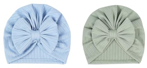 Hrlace 2 stycken babymössor för nyfödd babymössa, mjuk babyturbanmössa med rosett, infant, beanie, mössa, spädbarn, flicka, pojke, mössa för baby, nyfödda, småbarn, ljusblå + grön