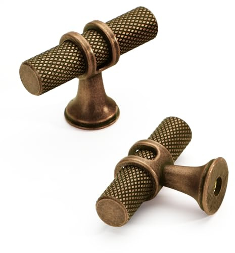 FURNIWARE 10 Pack Antique Brass Knurled Cabinet Knobs, T Bar 50mm(1.97 Inch) Single Hole Drawer Handles, Vintage Kitchen Cupboard Pulls, Furniture Knob for Dresser, Wardrobe