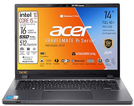 acer, Laptop, Travelmate P2, Intel I5 1335u, Ram 16Gb, Display FHD+ WUXGA da 14 (1920x1200), SSD 512Gb, Hdmi, Lan, Bt, Usb Thunderbolt 4.0, Fingerprint, Tastiera retroilluminata, Win 11Pro