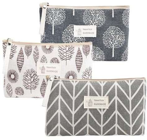 KQDRAVINE 3 Pièces Pochette Maquillage, Sac Pochette Maquillage Zippé, Petite Pochette Tissu Multifonctionnelle, Sac de Toilette de Voyage Portable, Rangement pour Femmes(Arbres/Flèches/Feuilles)