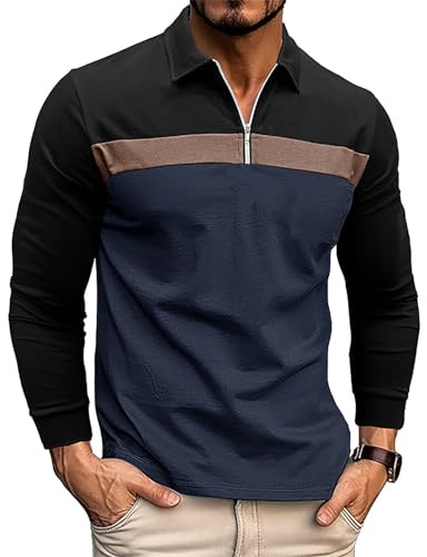 Volemo Men's Zip Polo Shirt Long Sleeve Raglan Style with Contrast Colors Golf Rugby Shirt Black Blue XL