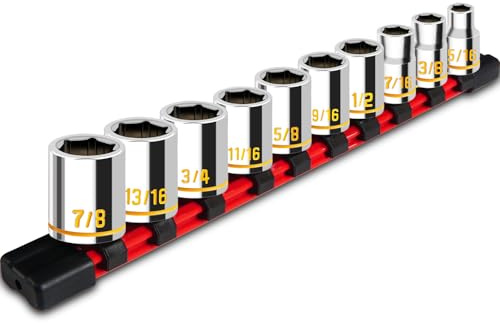 pgroup 10 PCS 3/8-Inch Drive Shallow Socket Set, Standard SAE, 5/16- 7/8, 6 Point, Embossed and Painted Marking, Mirror Chrome Finish,Cr-V Steel With Rail