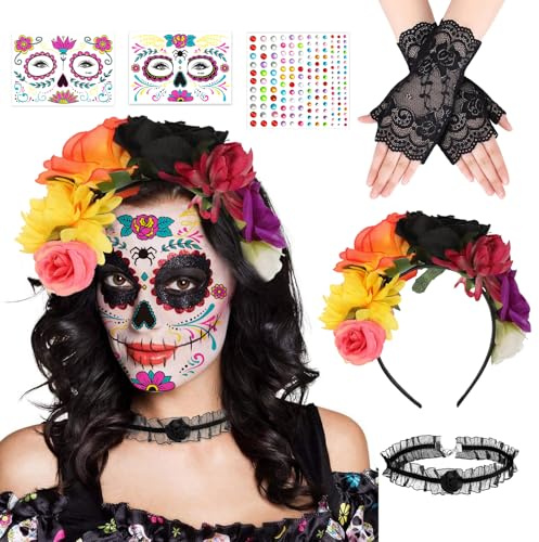 Betensh Diadema Catrina Mujer, Diadema Flores Mexicana, Corona Flores Catrina Mujer, Adecuado Para La Fiesta Del Día De Muertos De Halloween Para Mujeres
