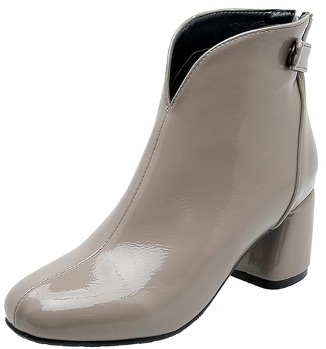LarDorLin Invierno Chelsea Botines Mujer Tacón Bloque Formal Oficina Trabajo Warm Botín Zip Moda Gamuza Cuero Chunky Charol Gris Talla 38 EU (39 Cn)