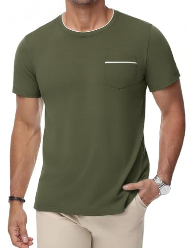 iClosam Camiseta Hombre Algodón Manga Corta con Bolsillo | 95% algodón 5% elastano, cuello redondo y bolsillo en contraste para uso diario