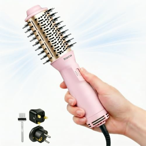 Bopcal Mini Spazzola Asciugacapelli da Viaggio 4 in 1 - Ionico Spazzola ad aria Calda Doppia Tensione Auto, con Spina US e UK, per Asciugatura, Lisciatura, Arricciatura e ZCY892-B