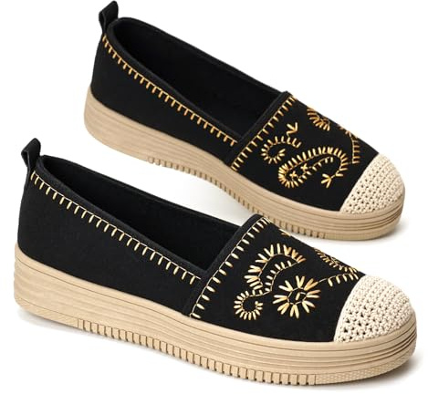 GLAMORA Bailarinas Mujer Manoletinas Merceditas Slip On Lona Zapatos Planos Plataforma Baja Zapatillas Casual Cómodas Primavera Verano Puntera Crochet Estilo Esparto con Detalle Bordado black-40