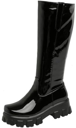 WOkismD Stivali da Donna Neri in Pelle Verniciata, al Ginocchio, con Suola carrarmato, Plateau e Tacco Spesso,Nero,37 EU