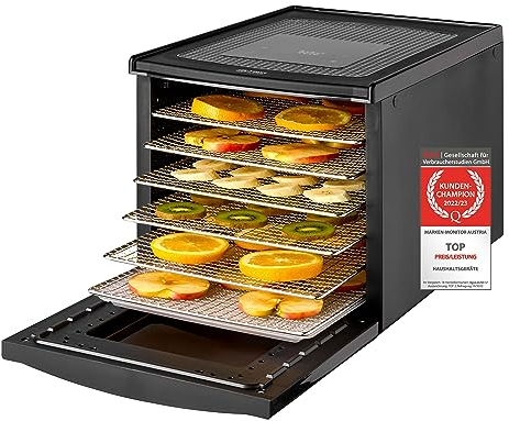 TZS First Austria Dörrautomat | Dörrgerät für Obst, Kräuter, Pilze und Fleisch | digital mit 24h-Timer und Temperaturregler 35-70°C | 6 Etagen, Dörrtablets aus Edelstahl, Dörrapparat mit Zeitschaltuhr