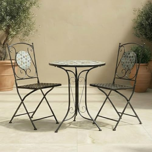 CHARLES BENTLEY Garden Blue Mosaic 3 Piece Dining Set, With Folding Chairs, Outdoor, Patio, Conservatory, Foldable Chairs, Antirust Finish, Interwoven Seat, 2 Person, Round Table, Robust (60x60x91cm)