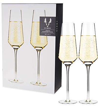 Viski Raye Crystal Angled Champagne Flutes, Elegant Crystal Clear Champagne Glasses Gift Set for Sparkling Wine, Prosecco, Mocktails, Housewarming, Wedding Gifts, Home Bar, 8 oz, Set of 2