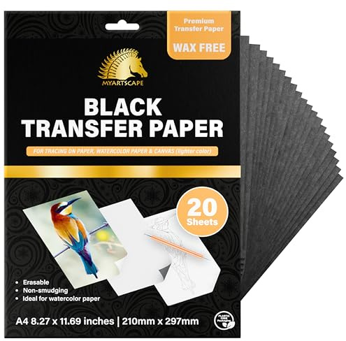 MyArtscape Papel de transferencia de grafito, 20 hojas negras, sin cera, borrable, sin manchas, ideal para dibujar, trazar y transferir acuarela, suministros de arte y manualidades de primera calidad