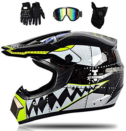 Motocross Helm Hai Motorrad Crosshelm Kinder Cross Helm Fullface Enduro MTB Helm Motorradhelm für Damen Herren Sicherheit Schutz mit Brille/Handschuhe/Maske, 2 Stile Verfügbar,Schwarz,M