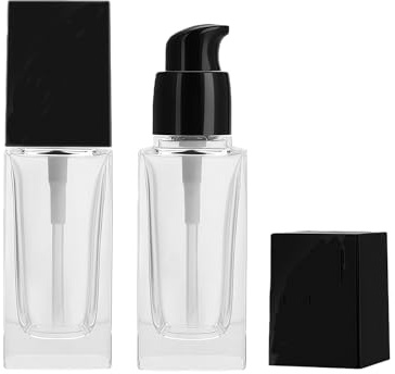 2PCS 30ml 1oz Square Clear Glass Pump Bottles with Black Lids Refillable Cosmetic Containers for Lotion Serum Foundation Travel