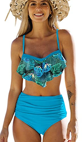 JFAN Costume da Bagno Donna Due Pezzi Bikini A Vita Alta Bottom Increspato Stampa Floreale Halter Ruffle Coordinati Blu XL