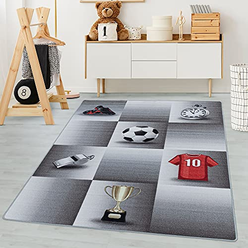 Barnmattor, Grå färg, fotboll design, 105274, Rektangulär Matta, Matta barnrum babyrum, 120 x 170 cm