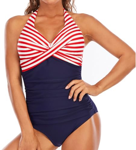 Bslingerie® Costumi da bagno monokini classici da donna con capestro Pin Up, Strisce rosse., S