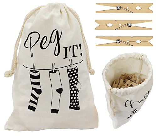 Peg Bag with 100 Pcs Wooden Pegs for Washing Line – Laundry Pegs for Small Laundry Items - Wooden Clothes Pegs for Craft, DIY Projects & Photos