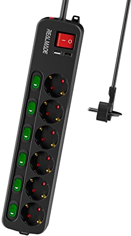 Steckdosenleiste Einzeln Schaltbar 6-Fach, Mehrfachsteckdose mit UAB, 2m Flachstecker Verlängerungskabel Schwarz