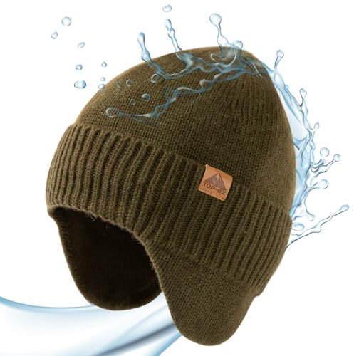 TOP-EX XL/XXL 80% Merinowolle Beanie Herren Damen mit Ohrenschutz Warm Wintermütze wasserdichte Strickmuetze mit Fleecefutter Outdoor Ski Mütze Grün M/L
