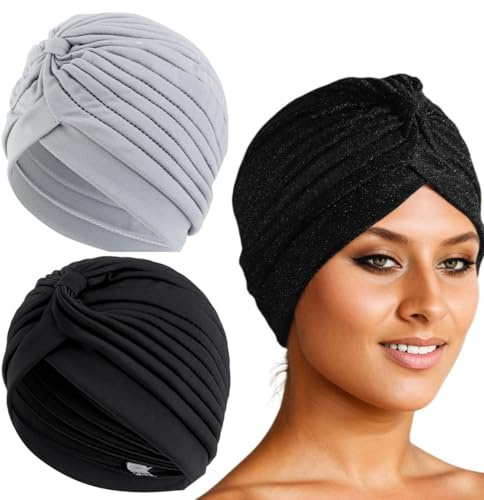 2 PCS Turbanti chemio, Turbante Donna Berretto di Cotone Morbidi Tappi Copricapo Chemio Turbanti Cuffia Cappello Elastico Foulard per Capelli per Perdita di Capelli (Nero+Grigio scuro)