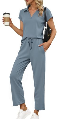 Glamaker Womens 2 Piece Summer Outfit Lounge Set Cap Sleeve Polo Top And Pant Set Tracksuit Travel Matching Outfit 2025, Grey Blue, Medium