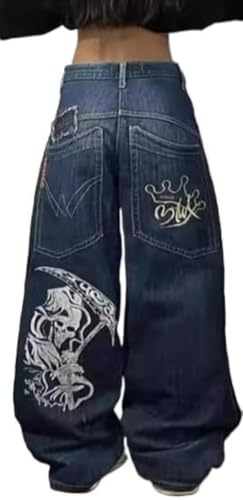 Suncadmious Y2k Hip Hop Street Jeans Scheletro Stampato Gotico Baggy Jeans Vintage Vita Alta Denim Jeans Pantaloni a Gamba Larga (Blu Scuro,L)