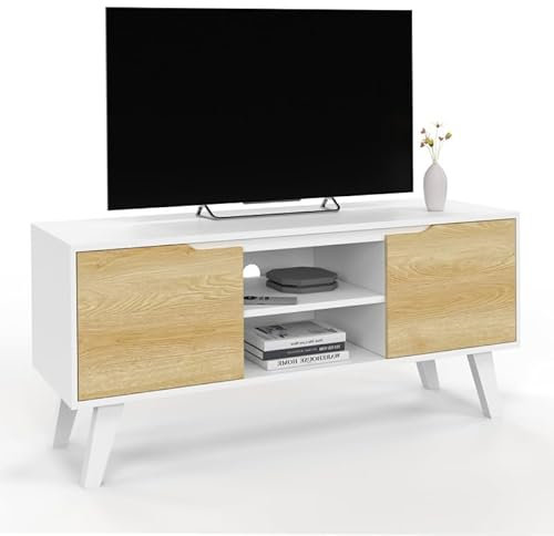 IDMarket - Meuble TV 110 cm FINN Blanc 2 Portes façon hêtre