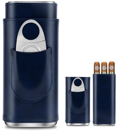 CIGARLOONG Cigar Humidor Set, Portable Leather Cigar Case with Stainless Steel Cigar Cutter, Cedar Wood Lined Cigar Humidor Case 3 Holder,Cigar Gift for Men (Blue)