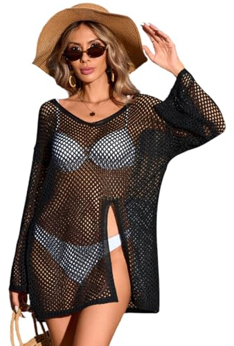AOWVUTS Strandöverdrag Dam Hav Virkad Strandklänning Långärmad V-Ringad Baddräkt Klänning Omslag Sexig Bikini Täcker Slitsad Blus Tröja, Svart, one size
