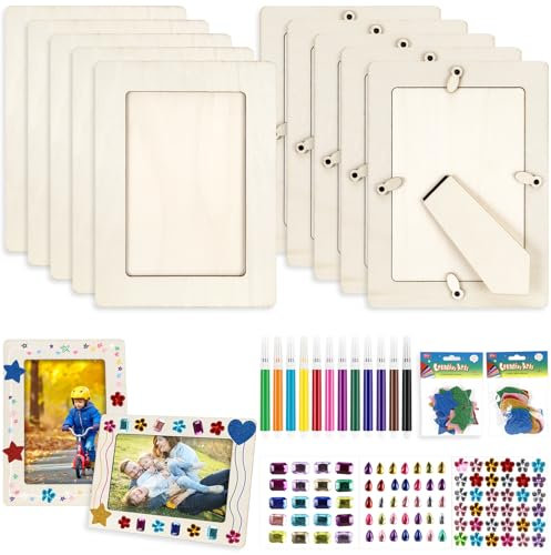 Ledebouk 10 Stück Bilderrahmen Holz Set, 20 x 15 cm Holzbilderrahmen, Bilderrahmen Bastelset mit Glitzersteine Selbstklebend Moosgummi Sticker 3D Aufkleber DIY Bilderrahmen zum Bemale für Geburtstage