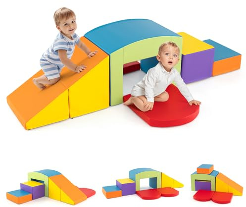 COSTWAY 6 Blocchi di Schiuma per Arrampicata, Gioco Morbido per Bambini, Set di Costruzioni Colorate per Arrampicarsi e Strisciare con Tunnel, Scale e Rampetta per Bambini 12 Mesi + (Colorato)